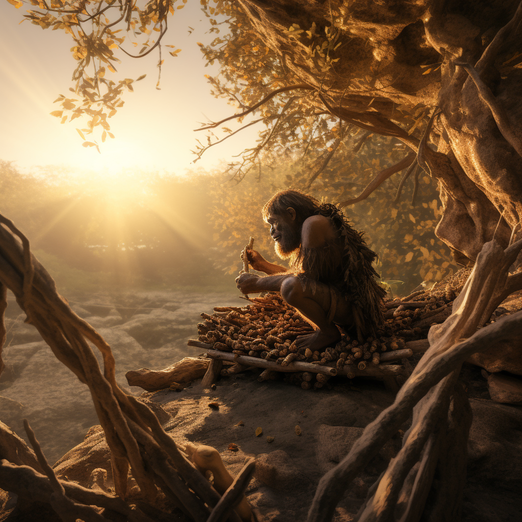 Tiempos de ayuno: imagen de un homo erectus buscando comida en una era de escasez, capturando la esencia de la vida prehistórica