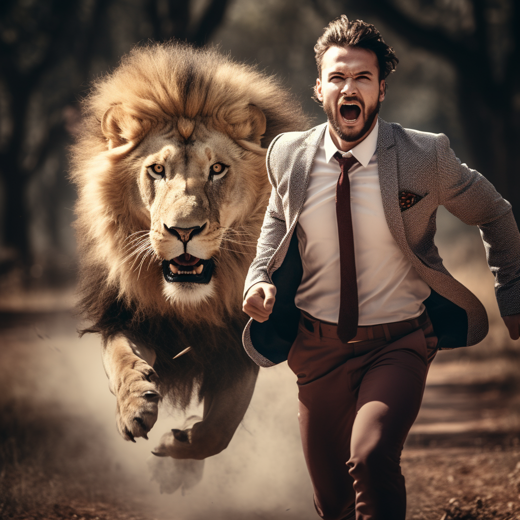 Joven hombre blanco caucásico vestido de traje corriendo espantado de un león que lo persigue en medio de la sabana.